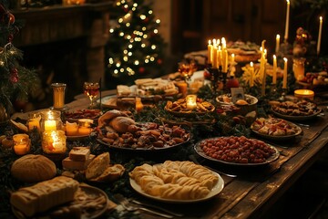 Fototapeta premium Festive table with New Year's decor, candles, traditional dishes, cozy lighting, and a holiday atmosphere for Christmas