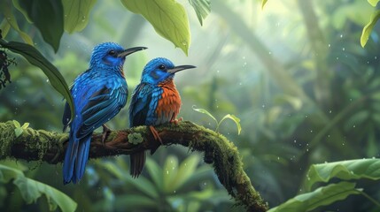 Obraz premium Two Colorful Birds Perched on a Branch in a Lush Rainforest