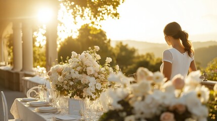 wedding planner setting up a beautifully decorated outdoor venue on a sunny day