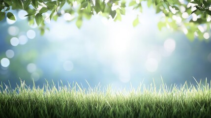 Obraz premium Lush green grass with sunlight filtering through leaves, creating a serene and tranquil outdoor atmosphere.