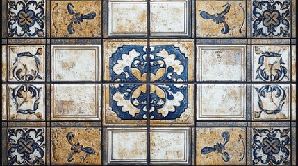 Intricate blue and gold decorative tiles featuring floral and animal motifs, showcasing artistic craftsmanship.