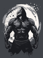Man with a hoodie on and a muscular body. The man is standing in front of a circle with a splash of paint