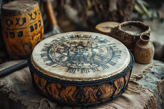 a shamans drum with sacred symbols.