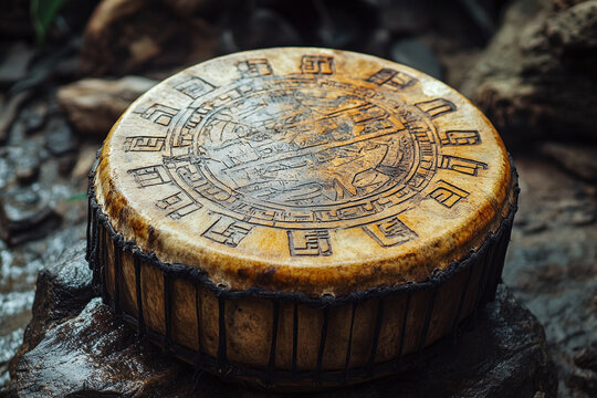 a shamans drum with sacred symbols.