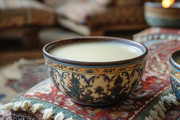 fermented mares milk airag in a traditional Mongolian bowl.