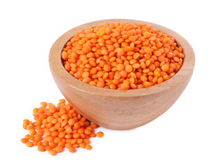 Raw lentils in bowl isolated on white