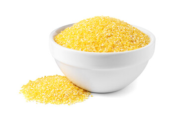 Raw cornmeal in bowl isolated on white