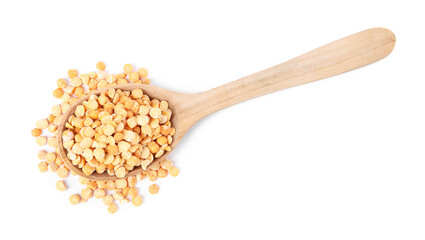 Dried peas in wooden spoon isolated on white, top view