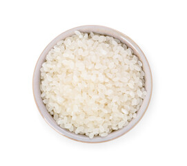 Raw rice in bowl isolated on white, top view