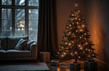 Fototapeta premium A dark living room with a warmly lit Christmas tree adorned with a star topper, surrounded by wrapped gifts, and casting a soft glow in the evening light, with a comfortable sofa by the window.