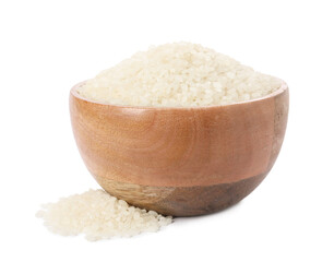 Raw rice in wooden bowl isolated on white