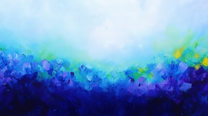  A vibrant painting featuring blue, green, yellow, and purple flowers against a harmonious background of blue, green, yellow, and white