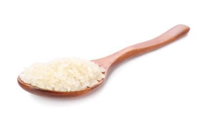 Raw rice in wooden spoon isolated on white
