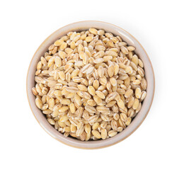 Pearl barley groats in bowl isolated on white, top view
