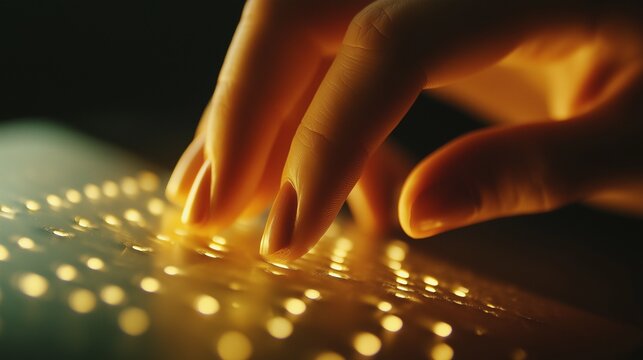 hands are reading Braille text, with copy space. Close-up view