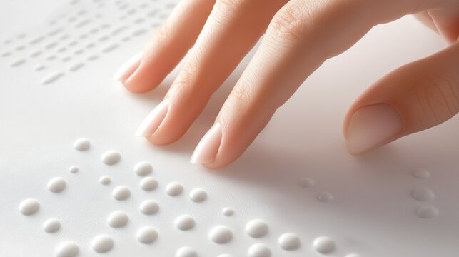 hands are reading Braille text, with copy space. Close-up view