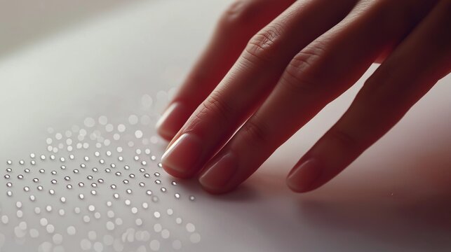 hands are reading Braille text, with copy space. Close-up view