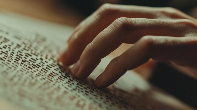 hands are reading Braille text, with copy space. Close-up view