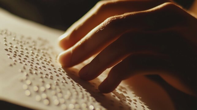 hands are reading Braille text, with copy space. Close-up view