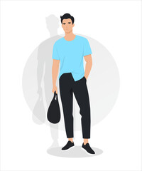 Vector illustration. Young man in blue t-shirt and dark trousers holding bag, casual look for walks.