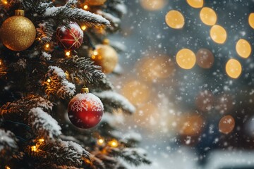 New Year tree in a city park, decorated with lights and bright ornaments, snow all around, joyful holiday atmosphere