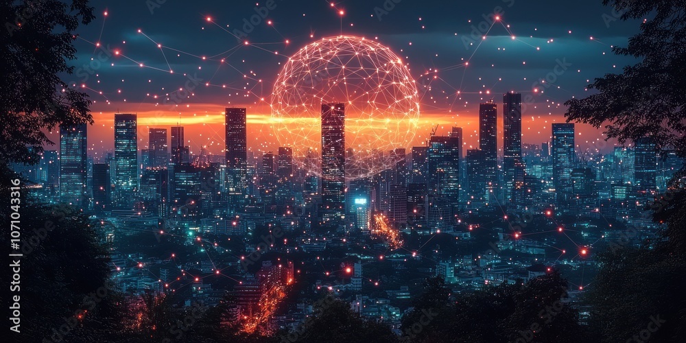 Poster a glowing sphere over a city skyline connected by lines of light
