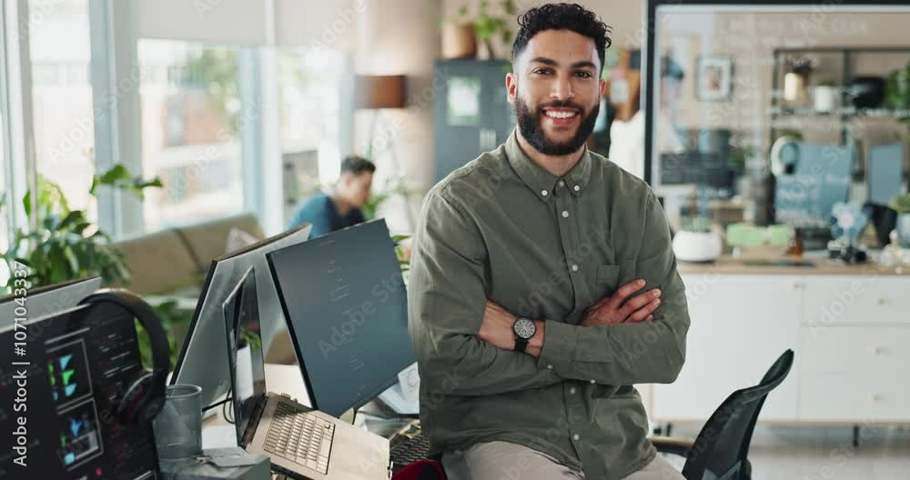 Poster Man, office and happy with coding on portrait for programing and system update as software engineer. Male person, employee and smile or proud with innovation project, data development and website
