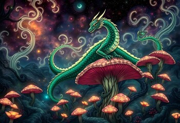 Obraz premium Mystical Dragon Guardian on Bioluminescent Mushroom