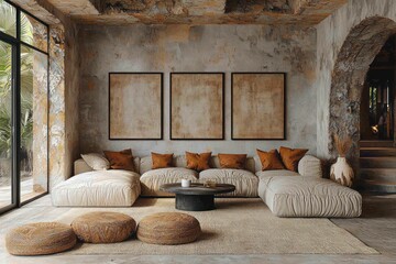 Modern Sectional Sofa in a Rustic, Minimalist Living Room with Abstract Artwork