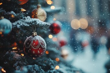 New Year tree in a city park, decorated with lights and bright ornaments, snow all around, joyful holiday atmosphere