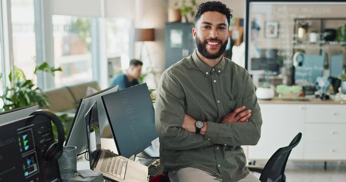 Man, office and happy with coding on portrait for programing and system update as software engineer. Male person, employee and smile or proud with innovation project, data development and website