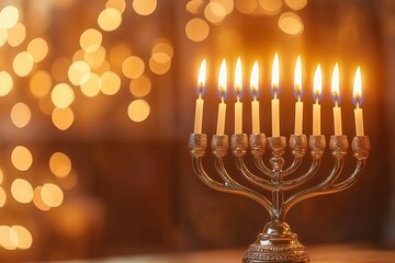 A Hanukkah, 9 lit candles on the menorah, warm background