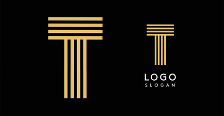 Geometric golden letter T with concentric lines on black background. Sleek sophisticated logo design. Luxury, modernity, elegance logotype for premium branding, corporate identity.Vector illustration.