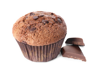 Delicious sweet muffin with chocolate chips isolated on white