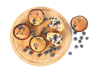 Delicious sweet muffins with blueberries isolated on white, top view
