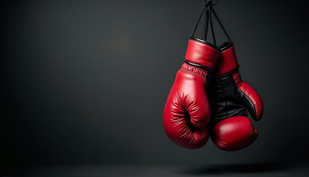 A pair of classic red boxing gloves hanging from a hook on a dark wall, symbolizing strength, sport, and athleticism. Perfect for themes related to boxing, fitness, and motivation.

