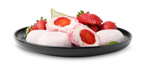 Delicious mochi with strawberries isolated on white