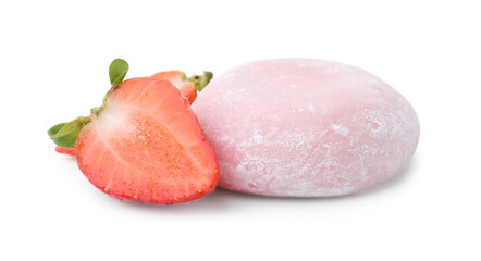 Delicious mochi and strawberry isolated on white