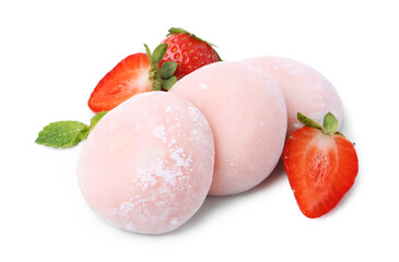 Delicious mochi, strawberries and mint isolated on white