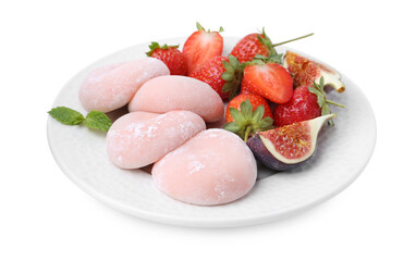 Delicious mochi, strawberries, fig and mint isolated on white