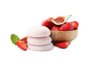 Delicious mochi, strawberries and figs isolated on white