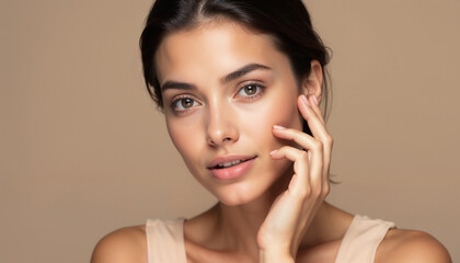 A captivating portrait of a young woman with natural makeup, exuding elegance and confidence. Her serene expression and soft lighting create a harmonious and sophisticated atmosphere.

