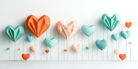 Colorful 3D hearts in various shapes and sizes, suspended against a minimalist background, expressing love and creativity.