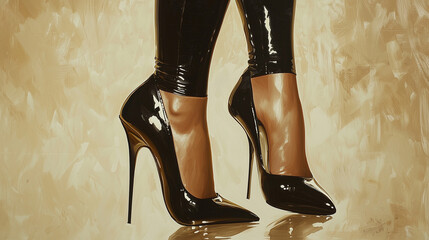 A woman is dressed in glossy black patent stilettos and tight black latex pants