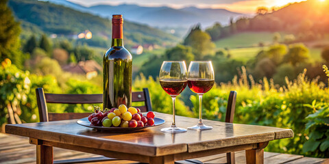 A scenic view features a beautifully set wooden table with two glasses of red wine and a plate of fresh grapes, surrounded by lush vineyard hills at sunset