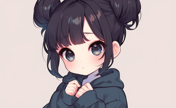 Cute chibi girl with black hair in buns, wearing a dark blue hoodie, in anime style. Simple blank background with digital art design.