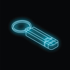 Neon usb flash drive keychain is glowing on black background