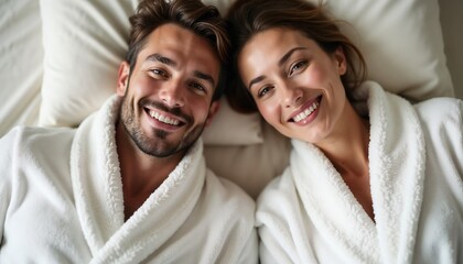 A joyful couple smiling while relaxing on a bed in white bathrobes. This image conveys warmth, relaxation, and happiness in a cozy, comfortable setting.

