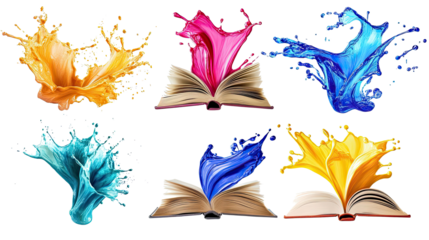 Vibrant Liquid Designs From Open Books on Clear Background Generative AI