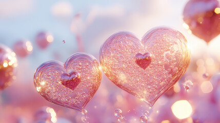 Obraz premium A dreamy, sparkling scene featuring two love hearts surrounded by soft hues and glowing light, evoking feelings of romance and joy.